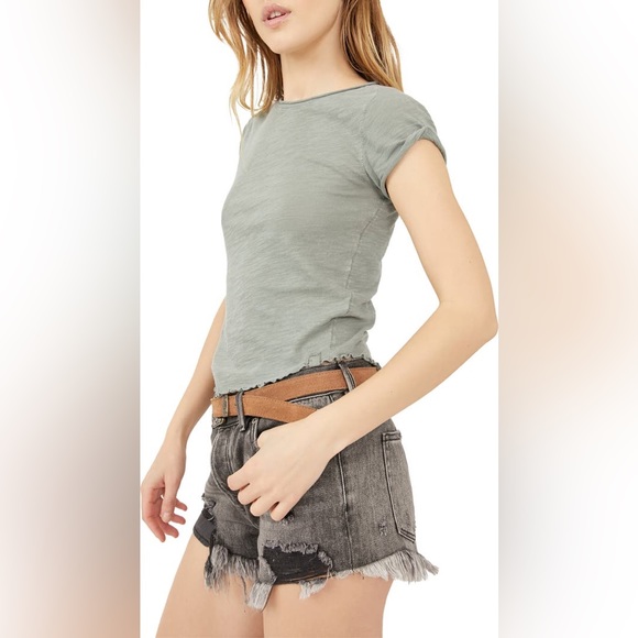Free People Be My Baby Cotton T-Shirt In Washed Army - Picture 3 of 9